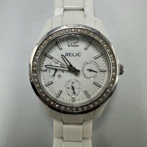 3/$30 Relic Watch Women Crystal Bezel Day Date 37MM Round Dial New Battery 7.25"